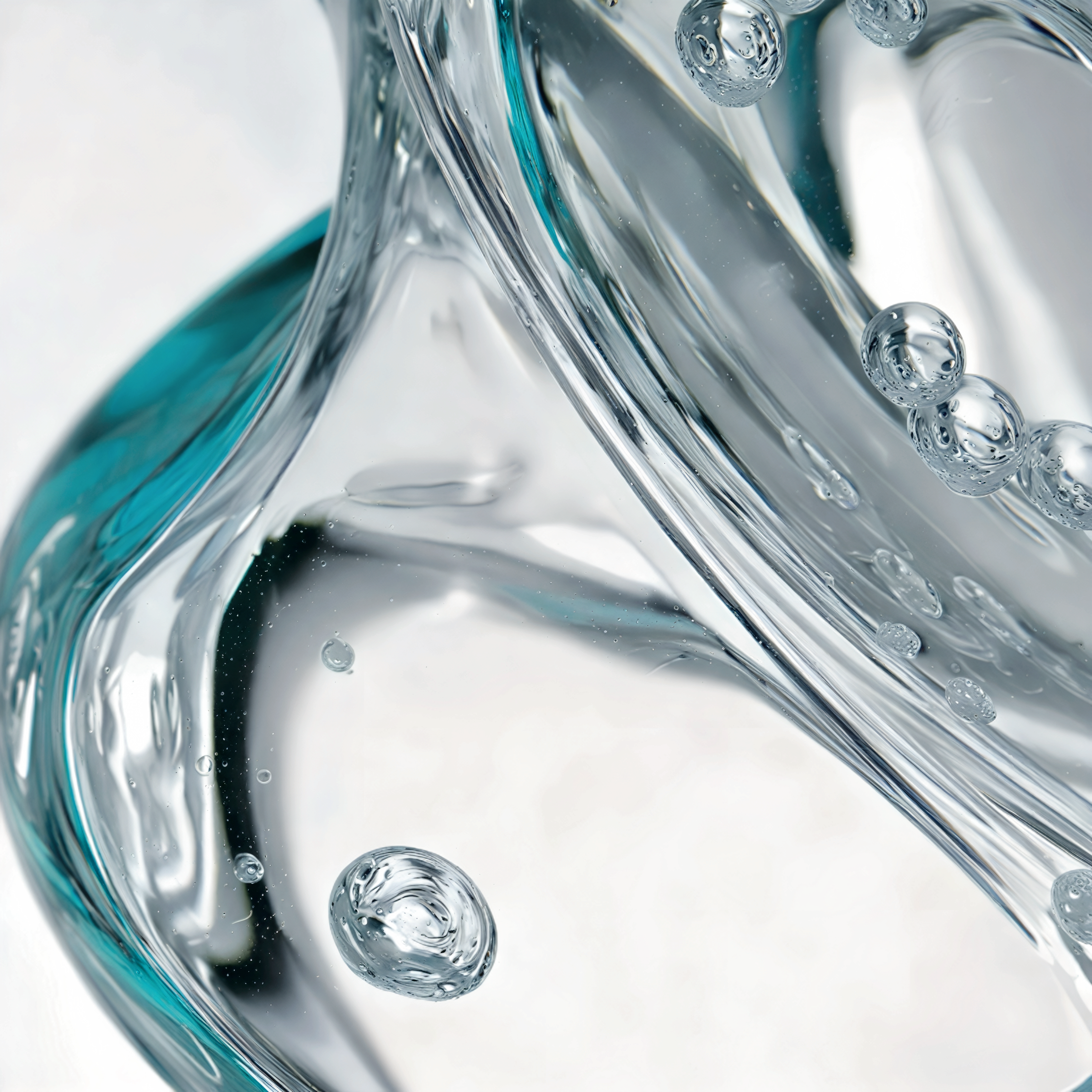 Close-up view of clear liquid with bubbles and a teal accent