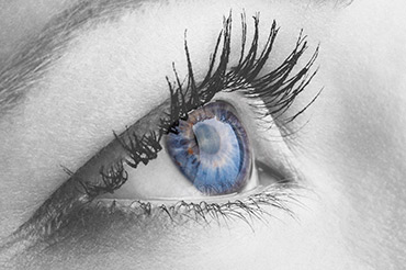 Close-up of a blue eye with long eyelashes