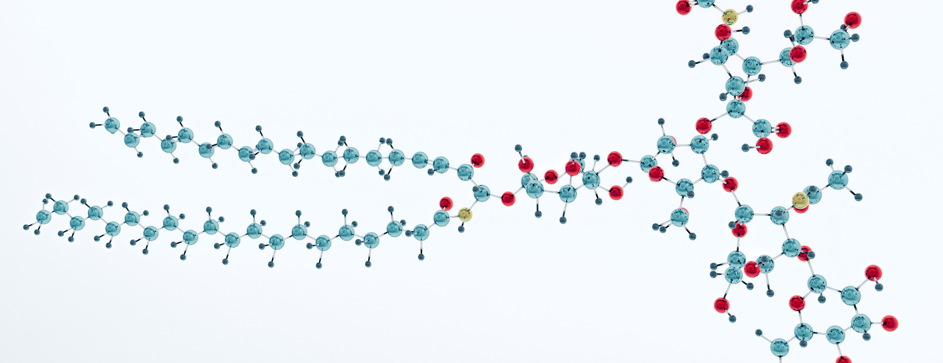 Molecular structure with blue and red spheres representing atoms