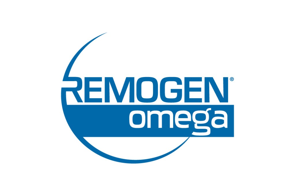 Remogen Omega logo in blue on white background