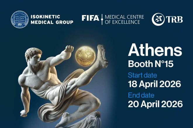 Promotional graphic for Isokinetic Medical Group at FIFA event in Athens, April 2026